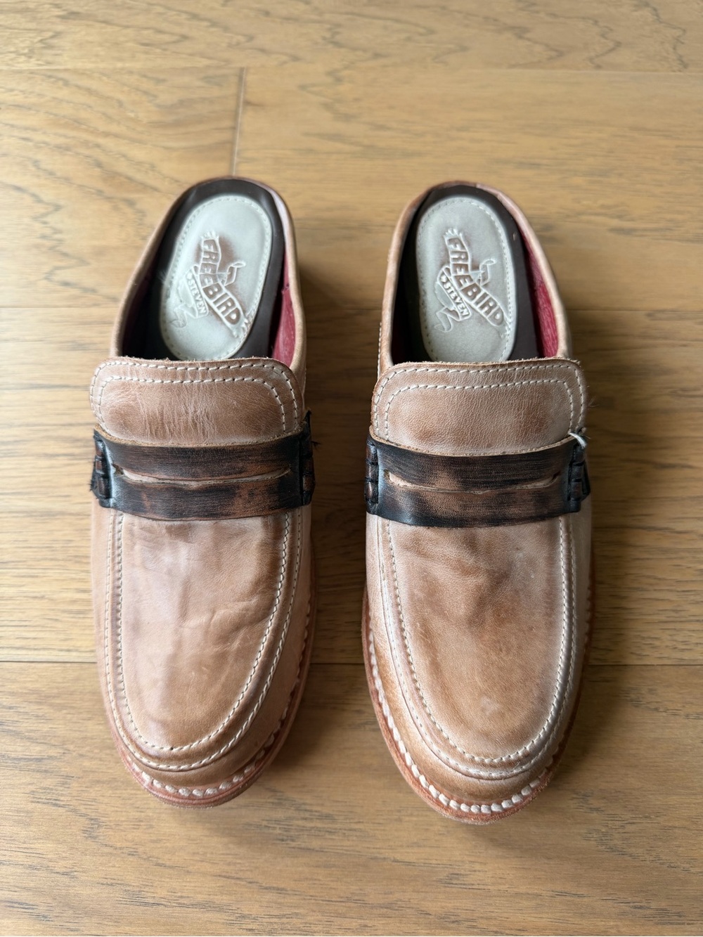 freebird Brown Leather Slip-On Loafers with Dark Brown Strap
